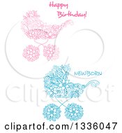 Poster, Art Print Of Pink And Blue Floral Baby Carriage Stroller Prams With Text