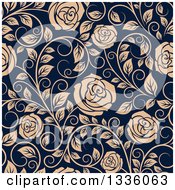 Poster, Art Print Of Seamless Pattern Of Tan Roses On Navy Blue 4