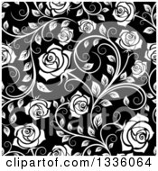 Poster, Art Print Of Seamless Background Pattern Of White Roses And Leaves Over Black 3