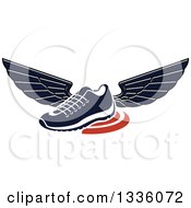 Clipart Of A Navy Blue Winged Shoe Over Orange Swooshes Royalty Free Vector Illustration