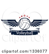 Poster, Art Print Of Navy Blue And White Winged Volleyball With Red Stars Over A Text Banner