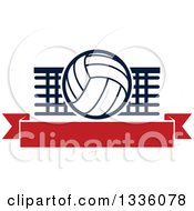 Poster, Art Print Of Navy Blue And White Volleyball Over A Net And Blank Red Banner