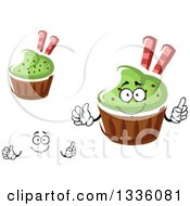 Clipart Of A Cartoon Face Hands And Green Frosted Cupcakes Royalty Free Vector Illustration