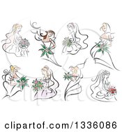 Clipart Of Sketched Brids In Pink And White Dresses Royalty Free Vector Illustration