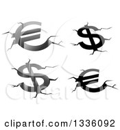 Poster, Art Print Of Grayscale Euro And Dollar Currency Symbols With Fissures And Cracks