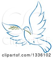 Poster, Art Print Of Sketched Light Blue Flying Peace Dove With A Branch 2