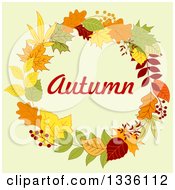 Poster, Art Print Of Colorful Autumn Leaf Wreath With Text Over Pastel Green