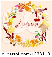Poster, Art Print Of Colorful Autumn Leaf Wreath With Text Over Pastel Pink