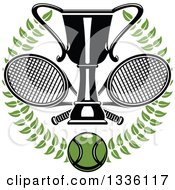 Poster, Art Print Of Green Wreath With A Tennis Ball Crossed Rackets And Trophy Cup