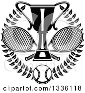 Poster, Art Print Of Black And White Wreath With A Tennis Ball Crossed Rackets And Trophy Cup