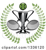 Poster, Art Print Of Green Wreath With A Tennis Ball Over Crossed Rackets And Trophy Cup