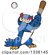 Poster, Art Print Of Cartoon Blue Owl Baseball Player Batting