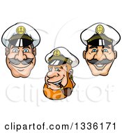 Poster, Art Print Of Cartoon Happy White Male Nautical Captain Faces