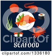 Flat Design Seafoods Over Text On Navy Blue