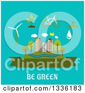 Poster, Art Print Of Flat Design City Blank Banner And Green Living Items Over Turquoise And Text