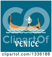 Poster, Art Print Of Flat Design Gondolier And Boat Over Venice Text On Blue