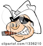 Clipart Of A Grinning Pig Wearing Sunglasses And A White Cowboy Hat Smoking A Cigar Royalty Free Vector Illustration by LaffToon #COLLC1336210-0065