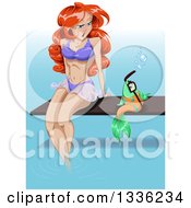 Clipart Of A Sexy Red Haired White Pinup Woman Sitting On A Diving Board And Talking To A Fish Royalty Free Vector Illustration by Liron Peer