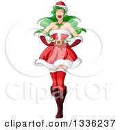 Sexy Green Haired White Pinup Woman In A Christmas Santa Suit