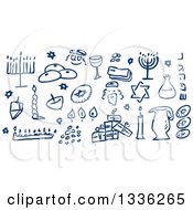 Poster, Art Print Of Sketched Blue Jewish Holiday Hannukah Items