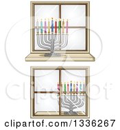 Silver Hanukkah Menorah Lamps With Colorful Candles In Windows