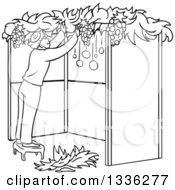 Poster, Art Print Of Cartoon Black And White Jewish Man Standing On A Stool And Building A Sukkah For Sukkot