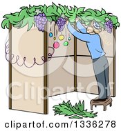 Poster, Art Print Of Cartoon Jewish Man Standing On A Stool And Building A Sukkah For Sukkot