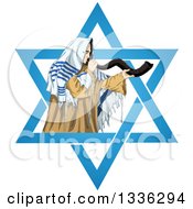 Clipart Of A Rabbi With Talit Blowing The Shofar In The Star Of David For The Jewish Holiday Yom Kippur Royalty Free Vector Illustration by Liron Peer #COLLC1336294-0188