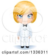 Happy Blue Eyed Blond Haired Caucasian Groom In A White Tuxedo