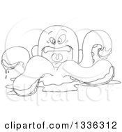 Clipart Of A Cartoon Black And White Angry Octopus In Water Royalty Free Vector Illustration