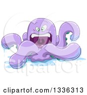 Clipart Of A Cartoon Angry Purple Octopus In Water Royalty Free Vector Illustration