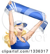 Cartoon Happy Blond White Woman Cheering And Holding Up A Blue Sports Team Scarf