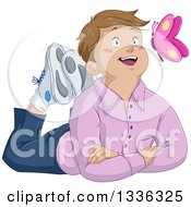 Poster, Art Print Of Cartoon Happy Caucasian Boy Sitting On The Ground And Watching A Pink Butterfly