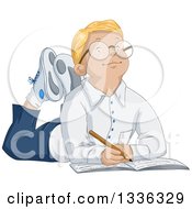 Poster, Art Print Of Cartoon Smart Blond White Boy Wearing Glasses And Writing In A Notebook On The Floor