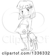 Clipart Of A Sketched Black And White Girl Holding A Stuffed Rabbit Behind Her Back Royalty Free Vector Illustration by Liron Peer