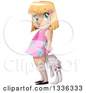 Poster, Art Print Of Blond Caucasian Girl Holding A Stuffed Rabbit Behind Her Back