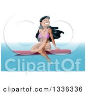 Cartoon Beautiful Happy Hawaiian Woman Floating On A Surf Board