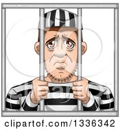 Clipart Of A Cartoon White Male Convict Giving A Sad Face Behind Bars Royalty Free Vector Illustration by Liron Peer #COLLC1336342-0188