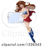 Clipart Of A Cartoon Brunette White Super Hero Woman Holding A Blank Sign And Flying Royalty Free Vector Illustration