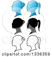 Poster, Art Print Of Blue Black And Outlined Female Heads With Buns And Pony Tails