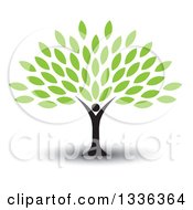 Clipart Of A Black Silhouetted Man Forming The Trunk Of A Tree With Green Leaves With A Shadow Royalty Free Vector Illustration