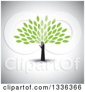 Clipart Of A Silhouetted Hand And Arm Forming The Trunk Of A Tree With Green Spring Leaves Over Shading Royalty Free Vector Illustration