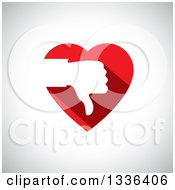 Flat Design White Silhouetted Thumb Down Hand Over A Red Heart And Gray Shading