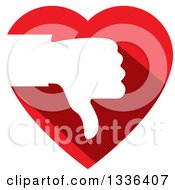 Clipart Of A Flat Design White Silhouetted Thumb Down Hand Over A Red Heart Royalty Free Vector Illustration