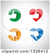 Clipart Of Flat Design White Silhouetted Thumb Up And Down Hands In Colorful Hearts And Circles Over Shading Royalty Free Vector Illustration