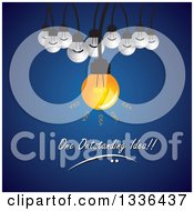 Clipart Of A Shining Suspended Light Bulb With Plain Ones In The Background And One Outstanding Idea Text Over Blue Royalty Free Vector Illustration