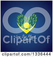 Clipart Of A Yellow Person Holding A Heart Of Leaves With Love Our Planet Text Over Blue Royalty Free Vector Illustration