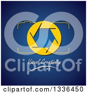 Poster, Art Print Of Yellow Camera And Shutter Over Visual Creativity Text On Blue