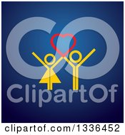 Clipart Of A Flat Design Couple Holding Up A Red Heart On Blue Royalty Free Vector Illustration