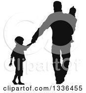 Poster, Art Print Of Black Silhouette Of A Son Holding Hands And Walking With His Father Who Is Carrying A Baby Sister